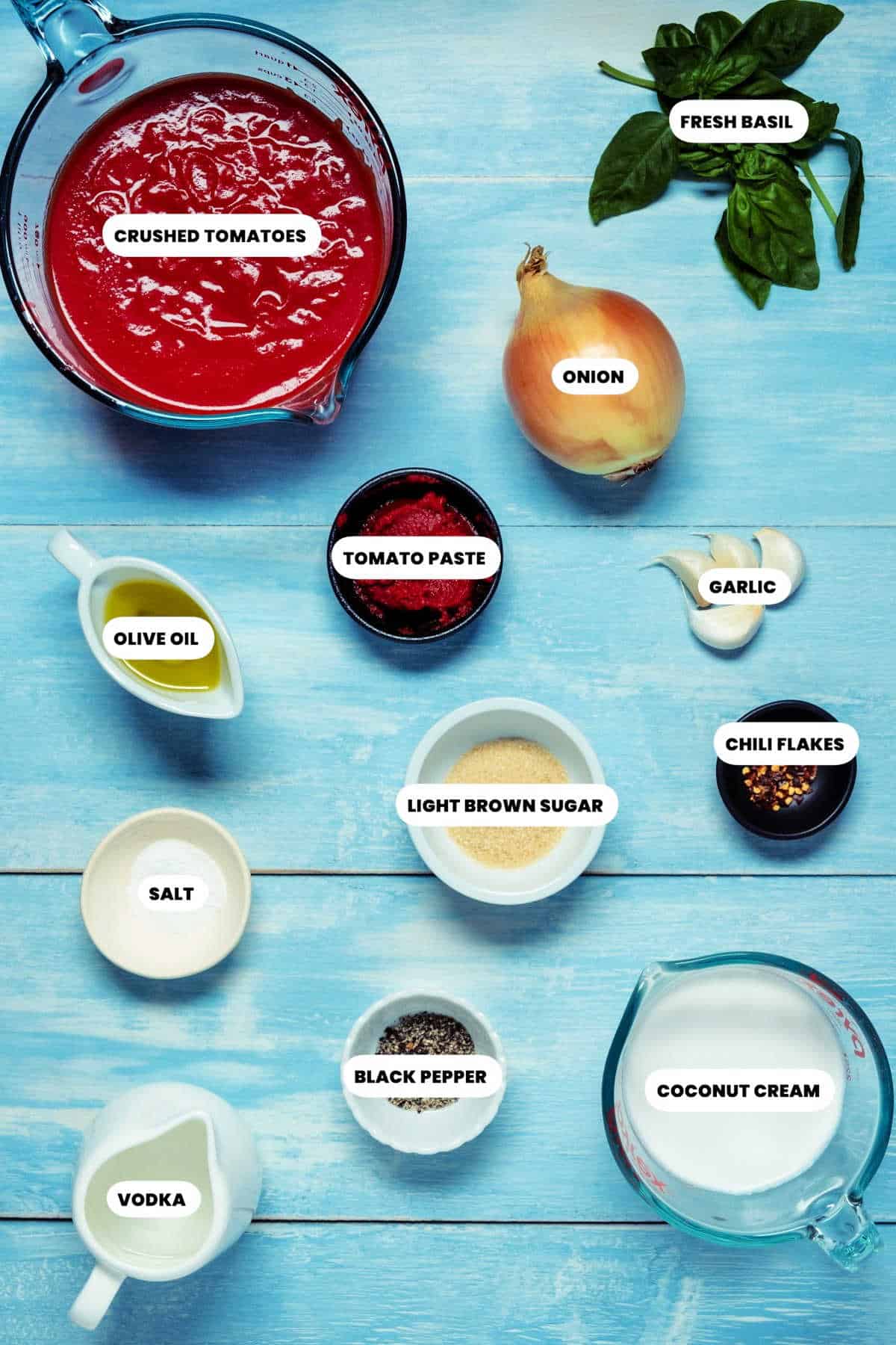 Photo of the ingredients needed to make vegan vodka sauce.