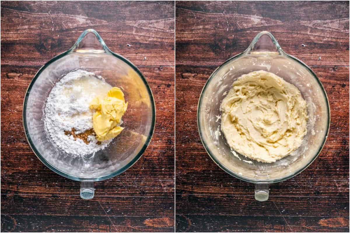 Two photo collage showing frosting ingredients added to stand mixer and mixed into a frosting.