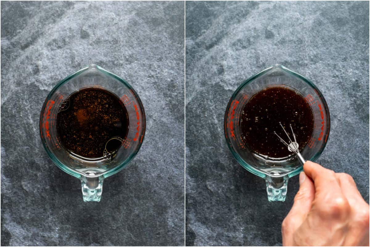 Collage of two photos showing ingredients added to measuring jug and mixed together.