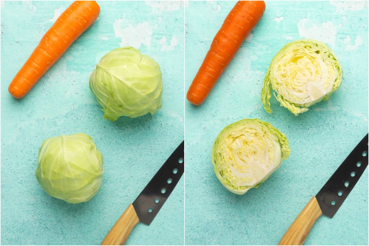 Two photo collage showing whole cabbage and then cut in half.