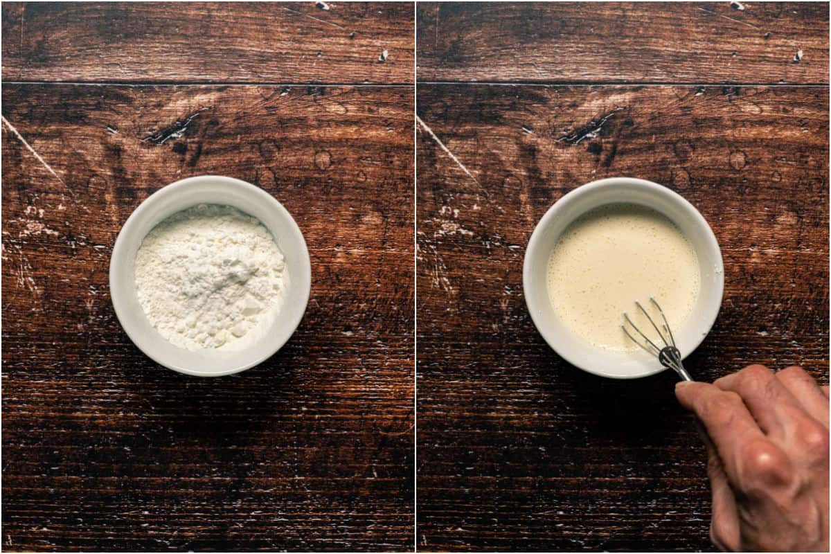 Collage of two photos showing cornstarch in a bowl and then mixed with soy milk.