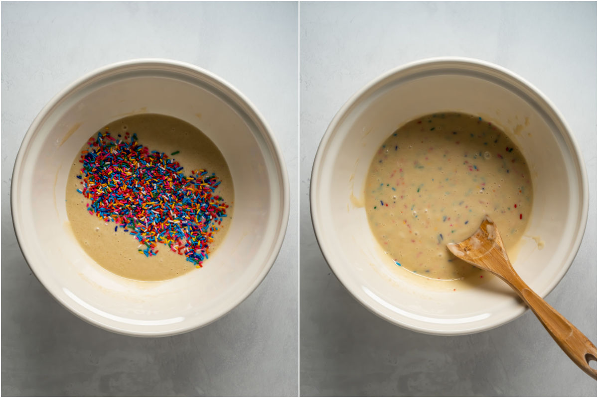 Two photo collage showing sprinkles added to mixing bowl and folded in.