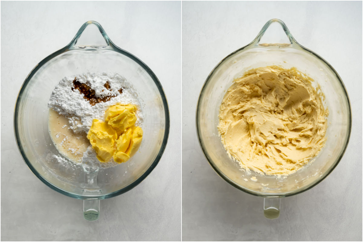 Two photo collage showing frosting ingredients added to stand mixer and mixed into a thick frosting.