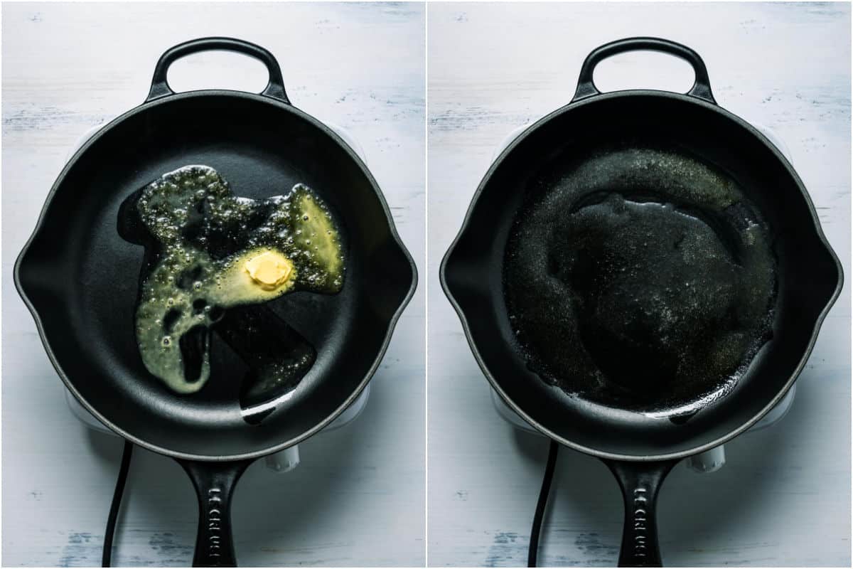 Collage of two photos showing butter added to a skillet and melted.