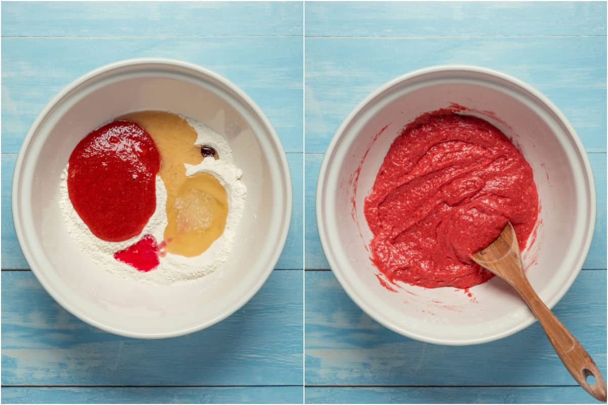 Two photo collage showing wet ingredients added to dry in mixing bowl and mixed into a batter.