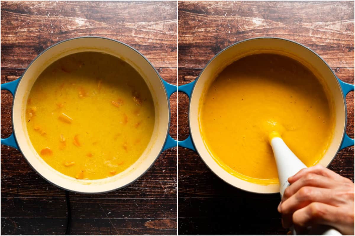 Two photo collage showing the cooked unblended soup and then an immersion blender blending the soup.