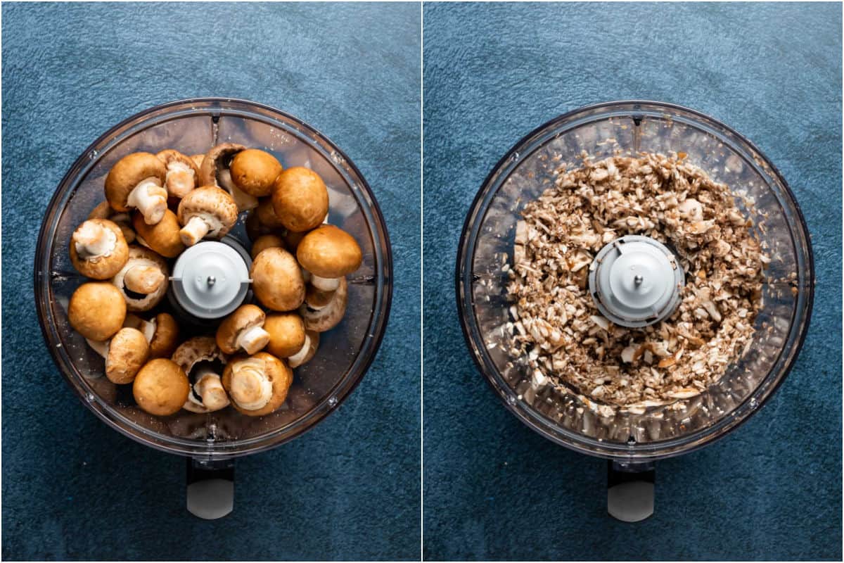 Two photo collage showing whole mushrooms added to food processor and processed until finely chopped.