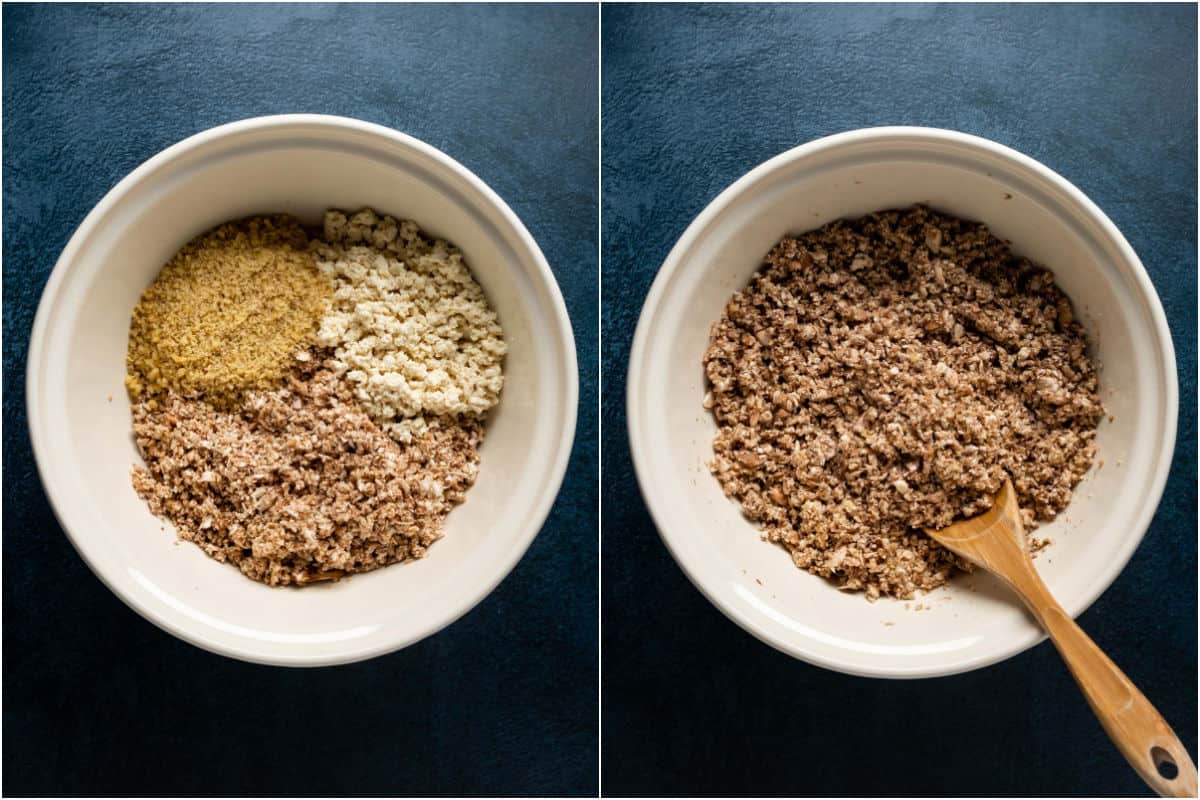 Two photo collage showing tofu, walnuts and mushrooms added to a bowl and mixed together.