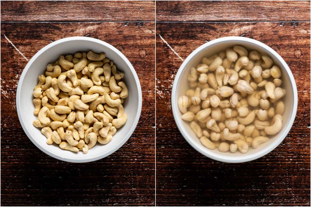 Two photo collage showing raw cashews added to a bowl and then water poured on top and left to soak.