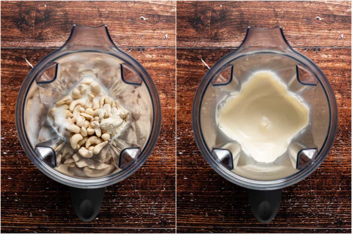 Two photo collage showing vegan cream cheese ingredients added to blender and blended.