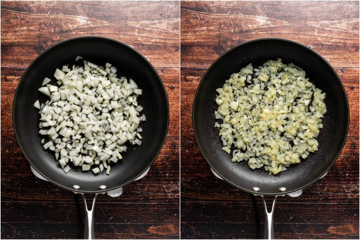 Two photo collage showing onions and oil added to pan and sautéed until softened.