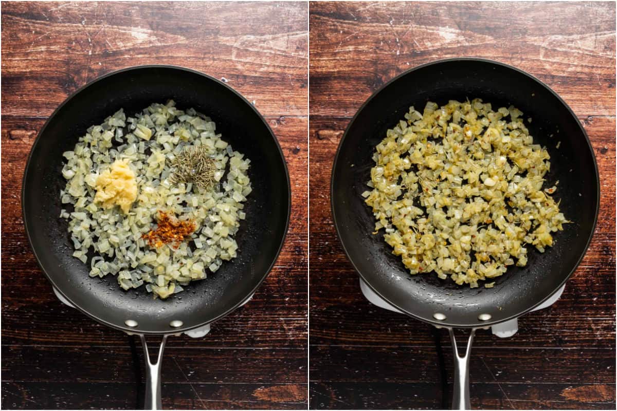 Two photo collage showing crushed garlic and spices added to onions in the pan and sautéed.