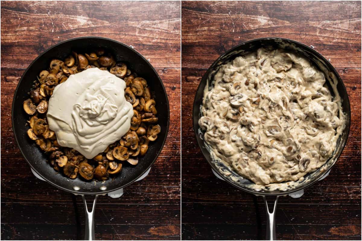 Two photo collage showing vegan cream cheese added to mushrooms in pan and mixed in.