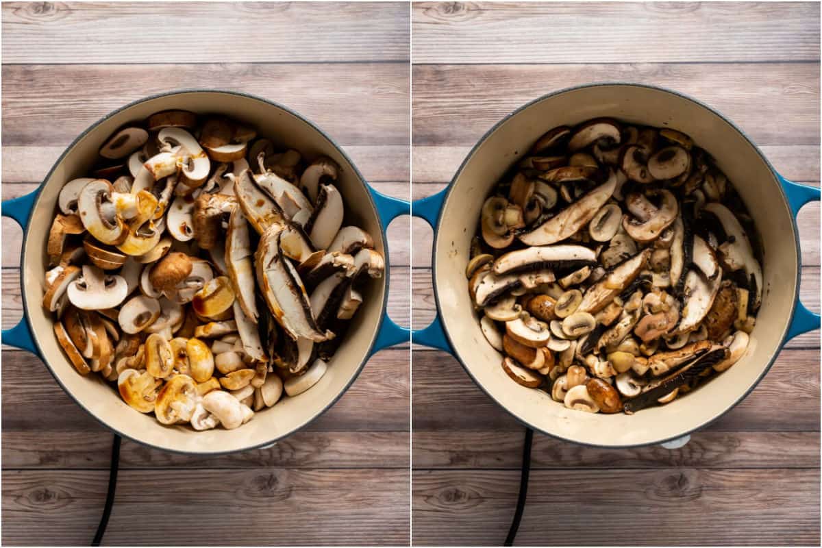 Collage of two photos showing sliced mushrooms and soy sauce added to pot and cooked down.