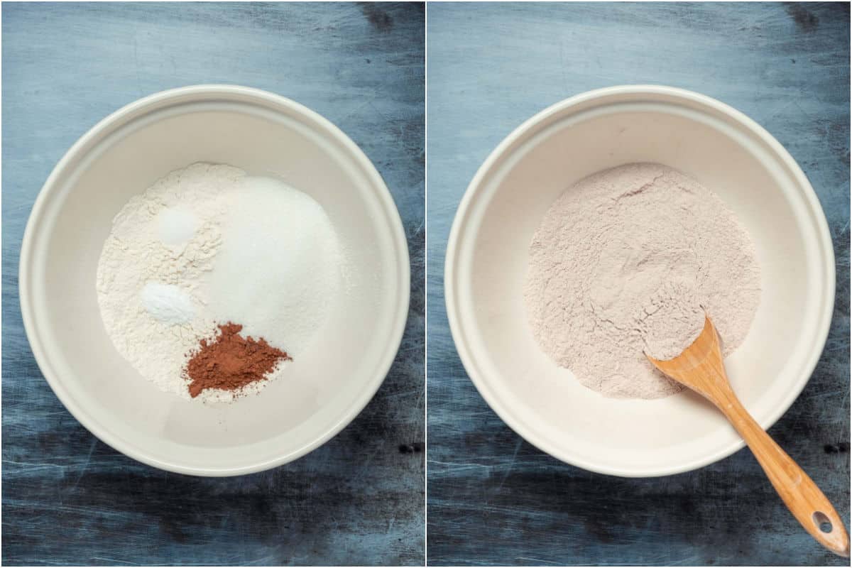 Two photo collage showing dry ingredients added to mixing bowl and mixed together.