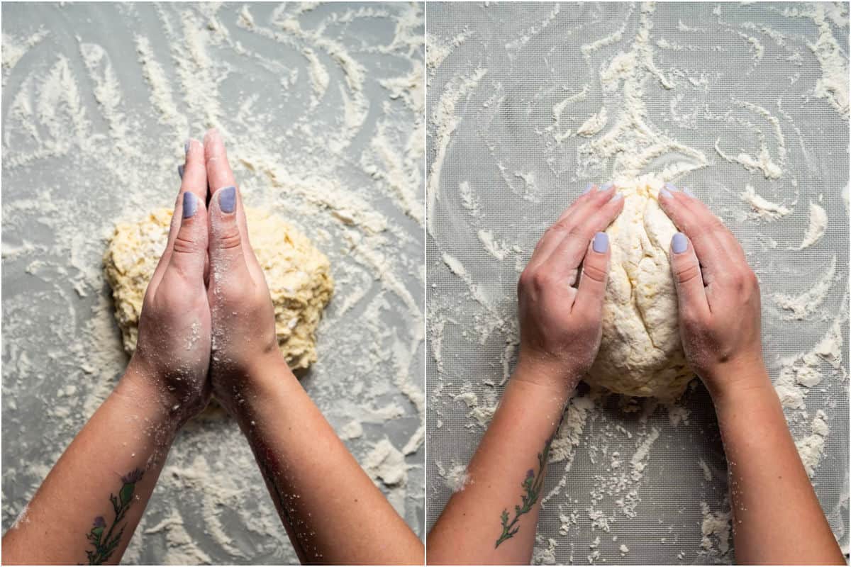 Two photo collage showing flouring a surface and hands and gently forming the dough.