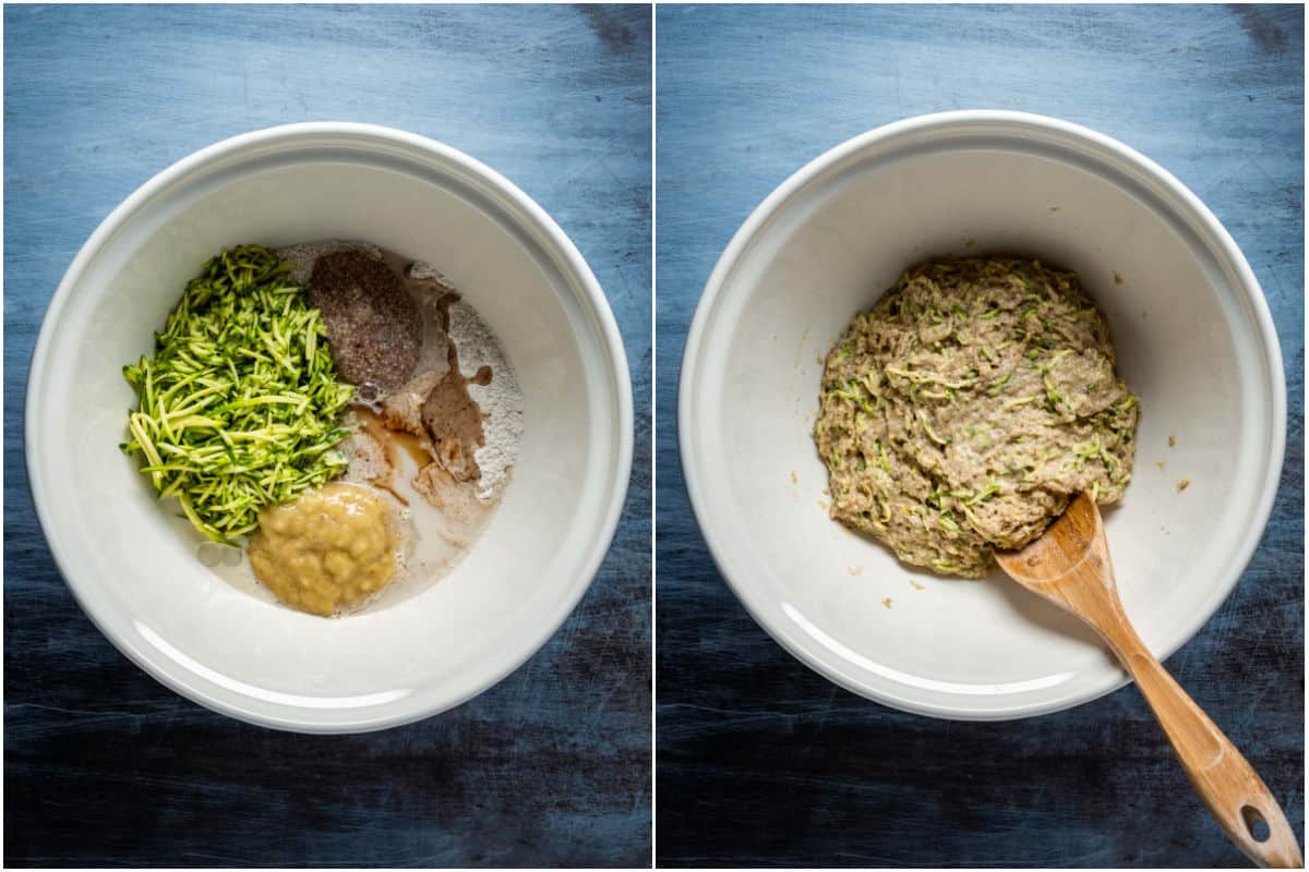 Collage of two photos showing wet ingredients added to bowl and mixed into a batter.