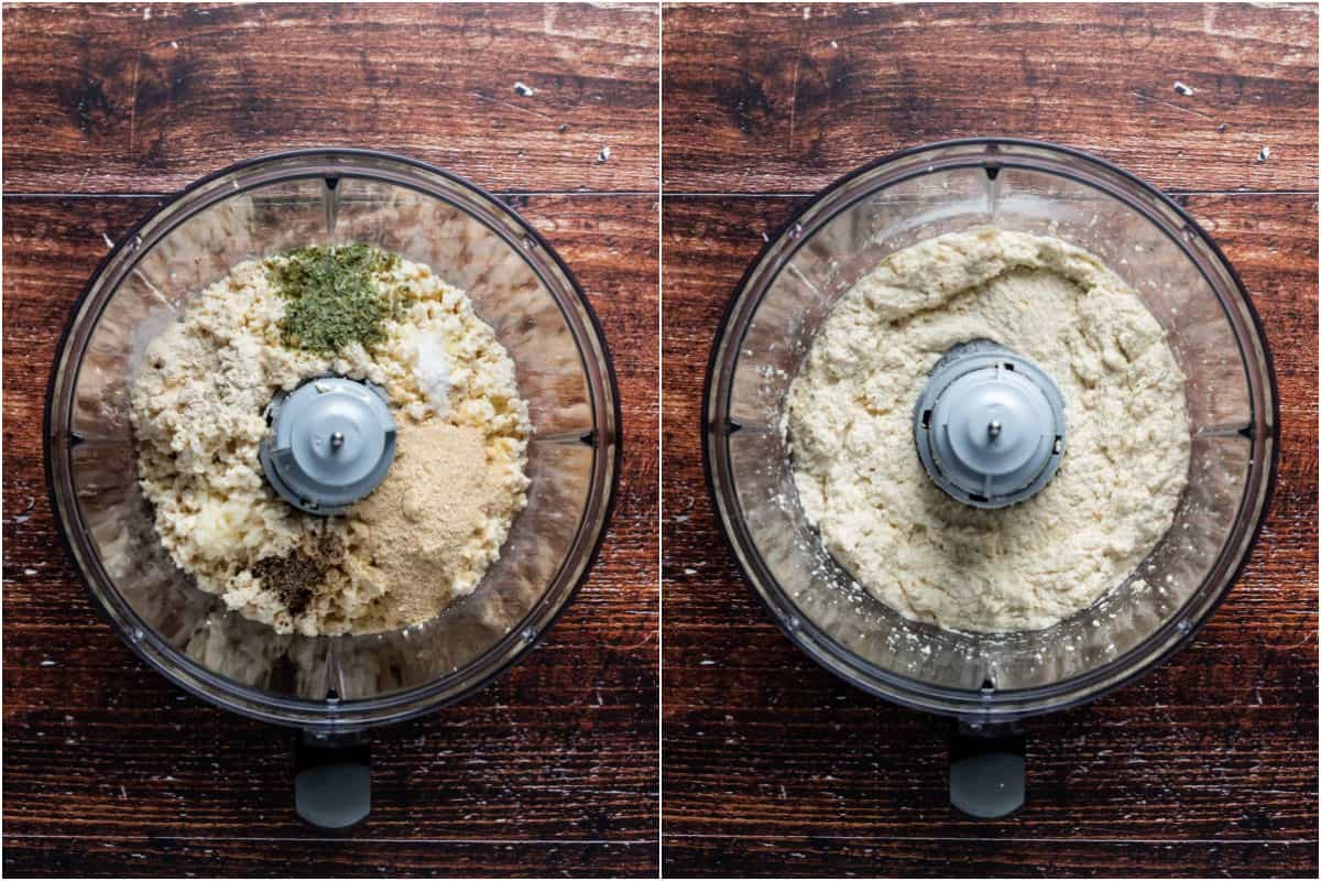 Two photo collage showing ingredients added to food processor and processed into a ricotta.