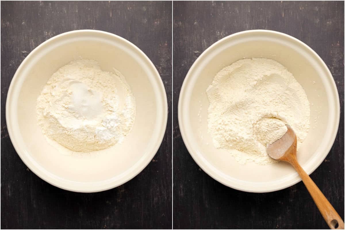 Collage of two photos showing dry ingredients added to mixing bowl and mixed together. 