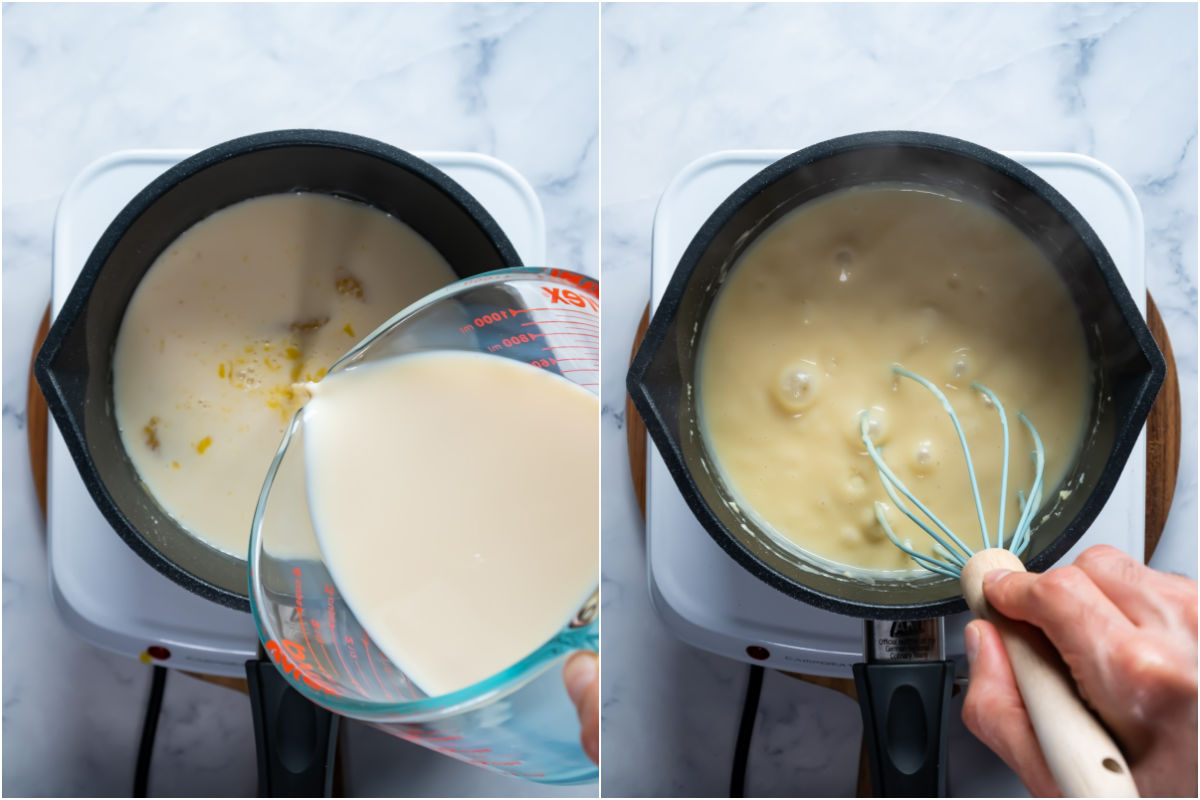 Two photo collage showing soy milk added to saucepan and brought to the boil.