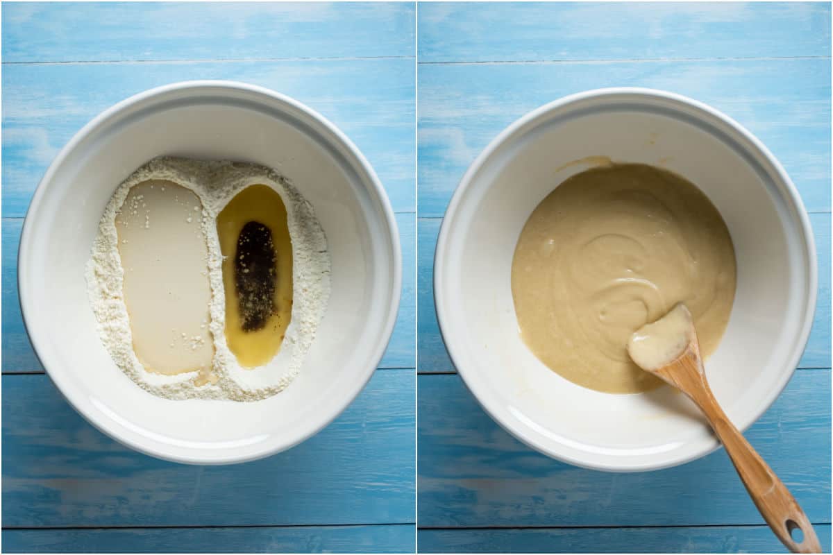 Two photo collage showing wet ingredients added to dry and mixed into a cake batter.