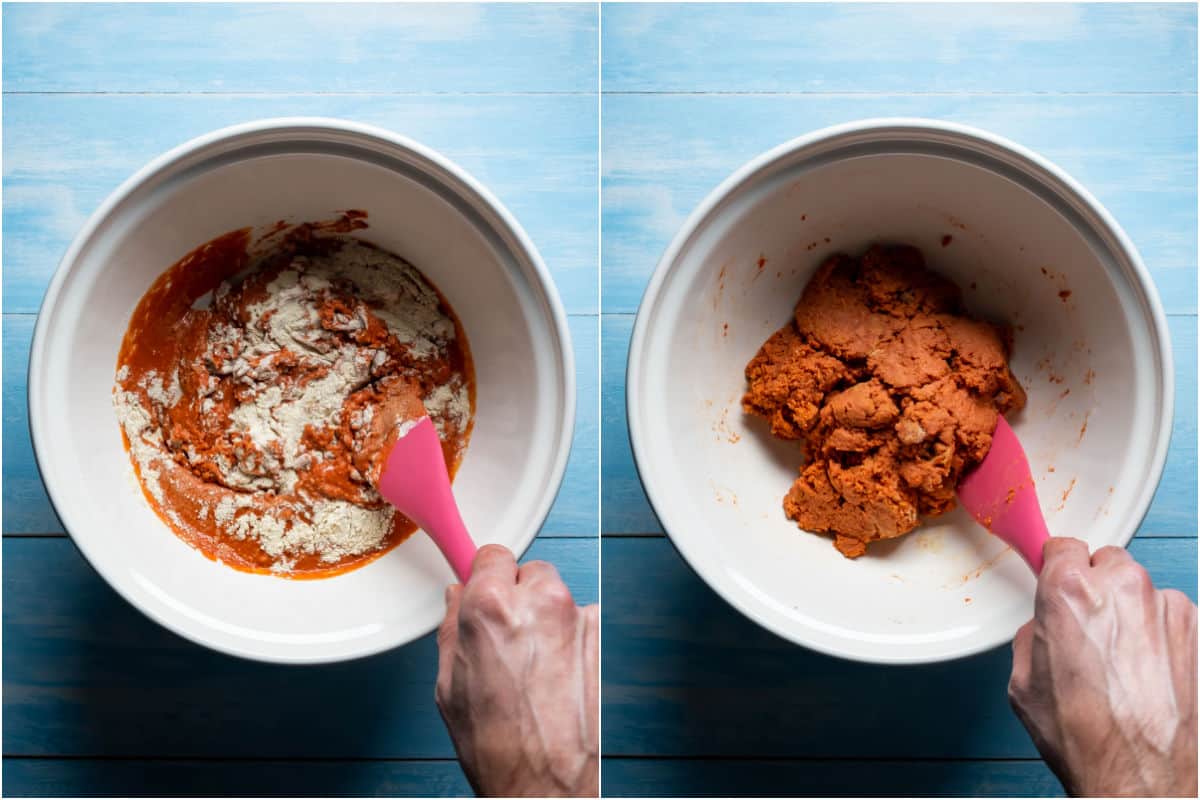 Two photo collage showing wet and dry ingredients combined in mixing bowl and mixed together.