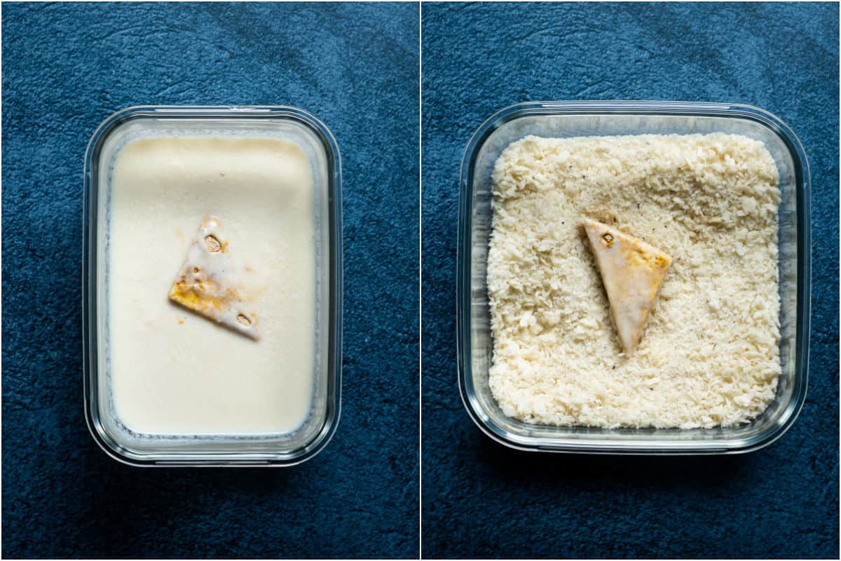Two photo collage showing tofu dipped in vegan buttermilk and then breadcrumbs.