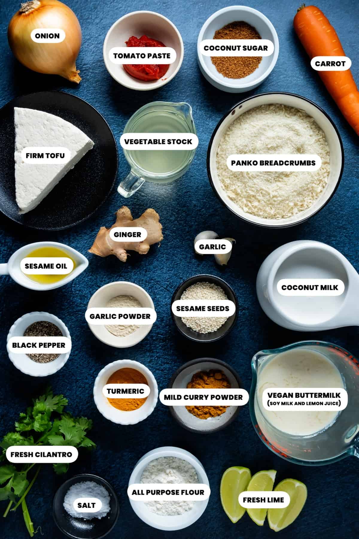 Photo of the ingredients needed to make vegan katsu curry.