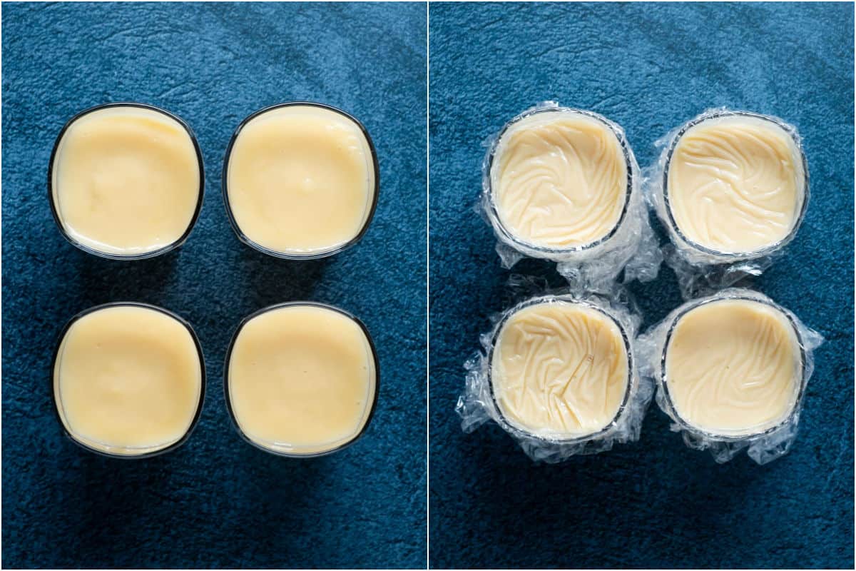 Two photo collage showing vanilla pudding in serving glasses and then covered with plastic wrap.