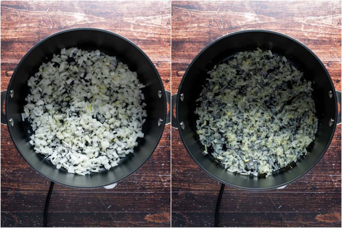 Two photo collage showing chopped onion and olive oil added to pot and sautéed.