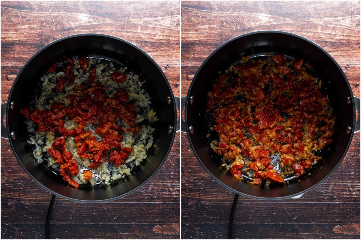 Two photo collage showing chopped sun dried tomatoes added to pot and sautéed.