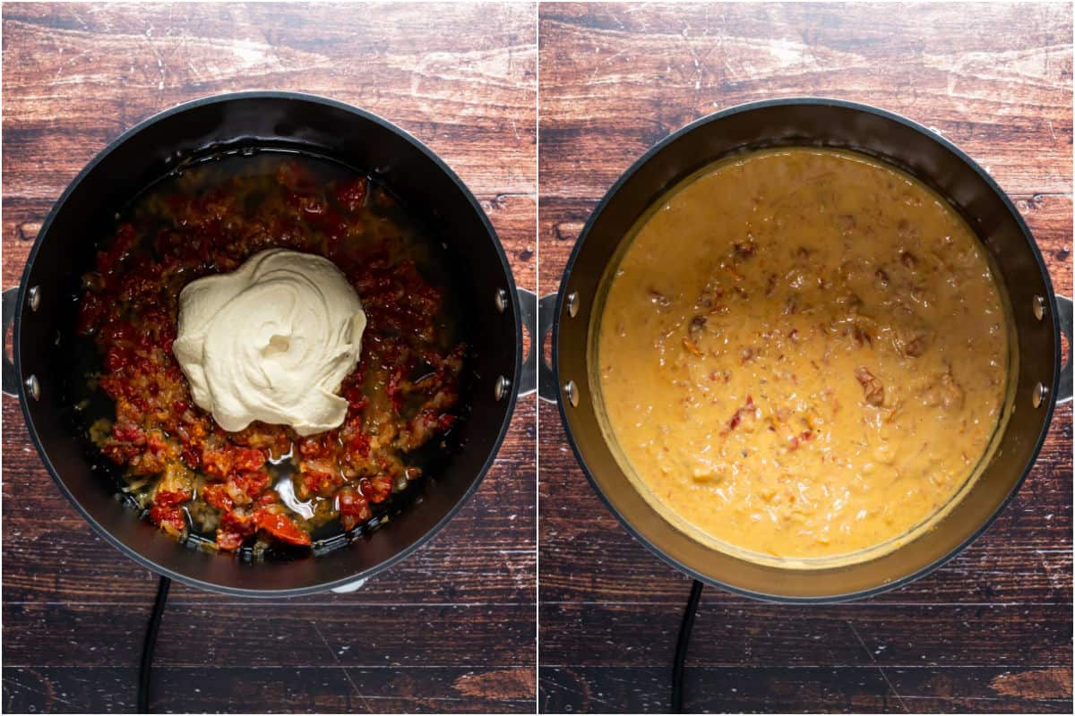 Two photo collage showing hummus and lemon juice added to pot and mixed into a sauce.