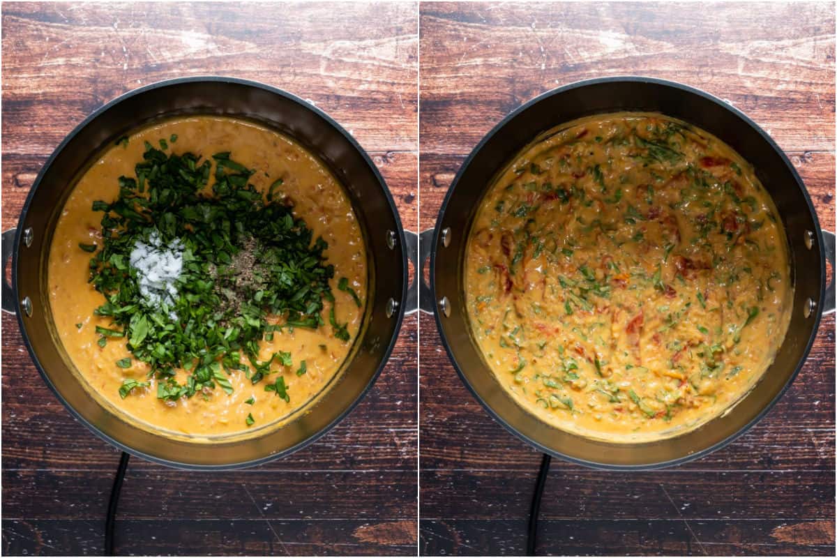 Two photo collage showing fresh chopped basil, salt and pepper added to sauce and stirred in.