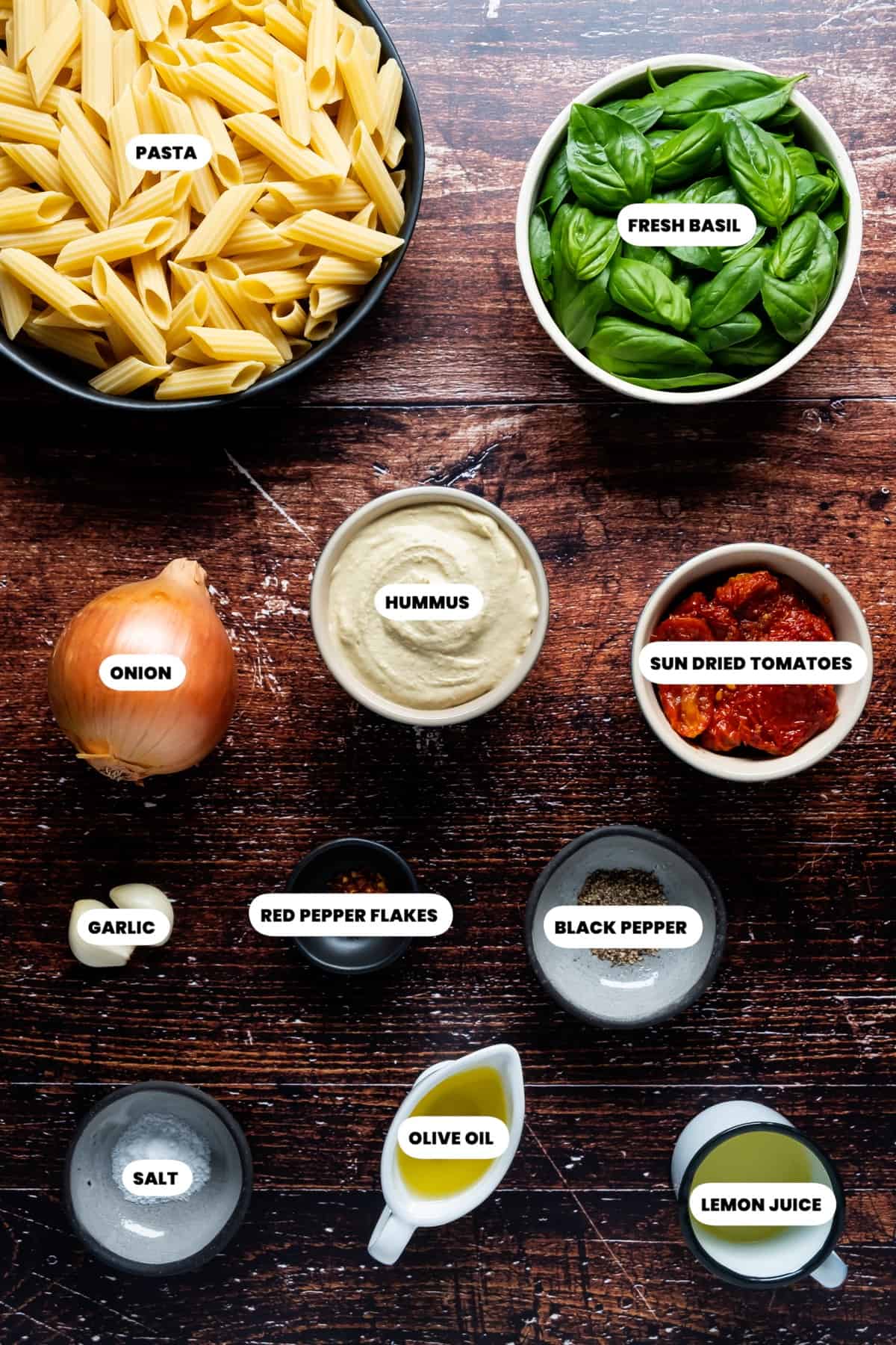 Photo of the ingredients needed to make hummus pasta.