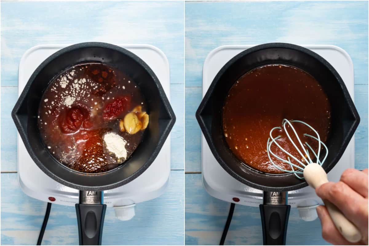 Two photo collage showing ingredients added to saucepan and whisked together.