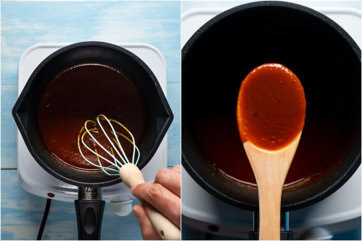 Two photo collage showing the sauce reduced in the saucepan and then the finished sauce on a wooden spoon.