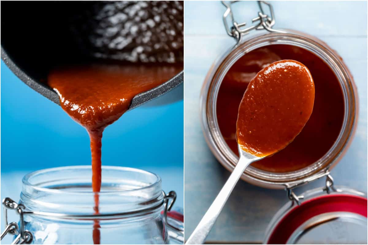 Two photo collage showing the cooled sauce being poured into a glass jar and then a spoon lifting some of the sauce out of the jar. 