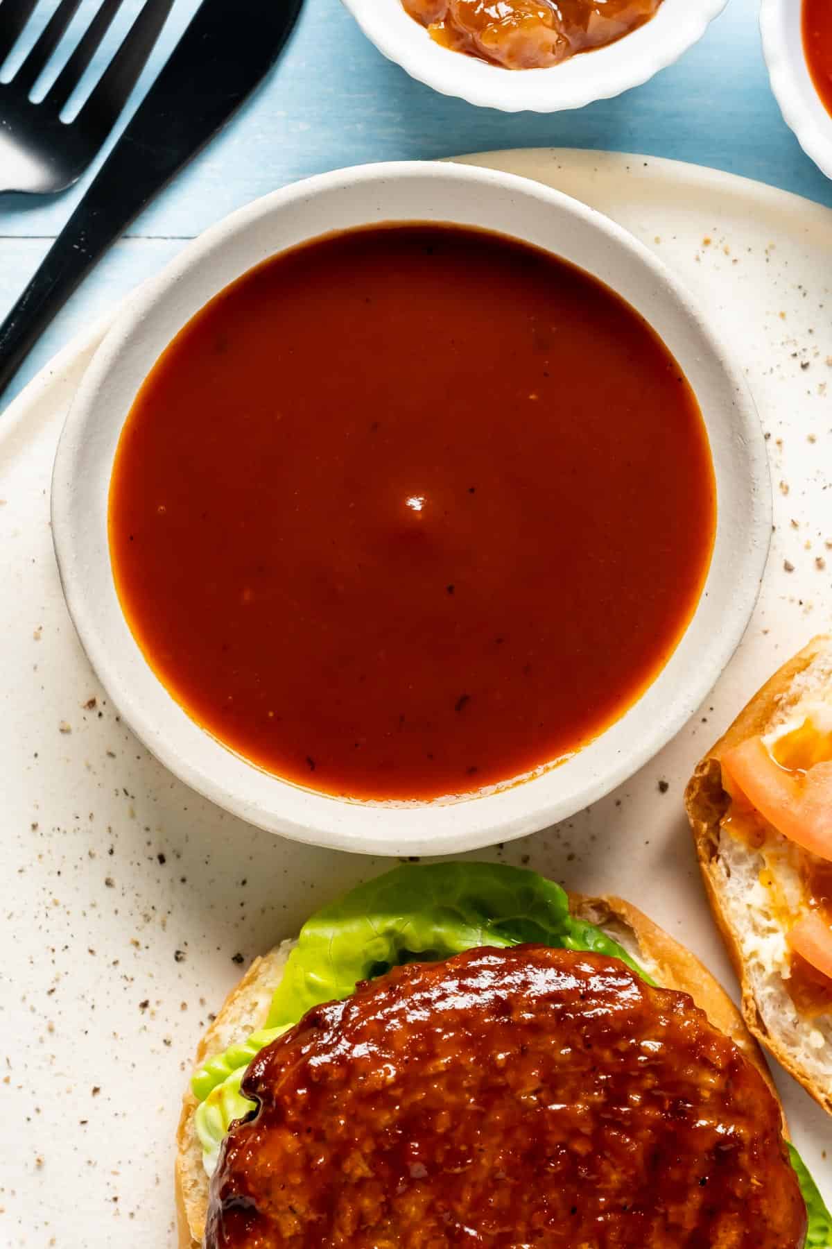 Close up photo of a bowl of vegan barbecue sauce.