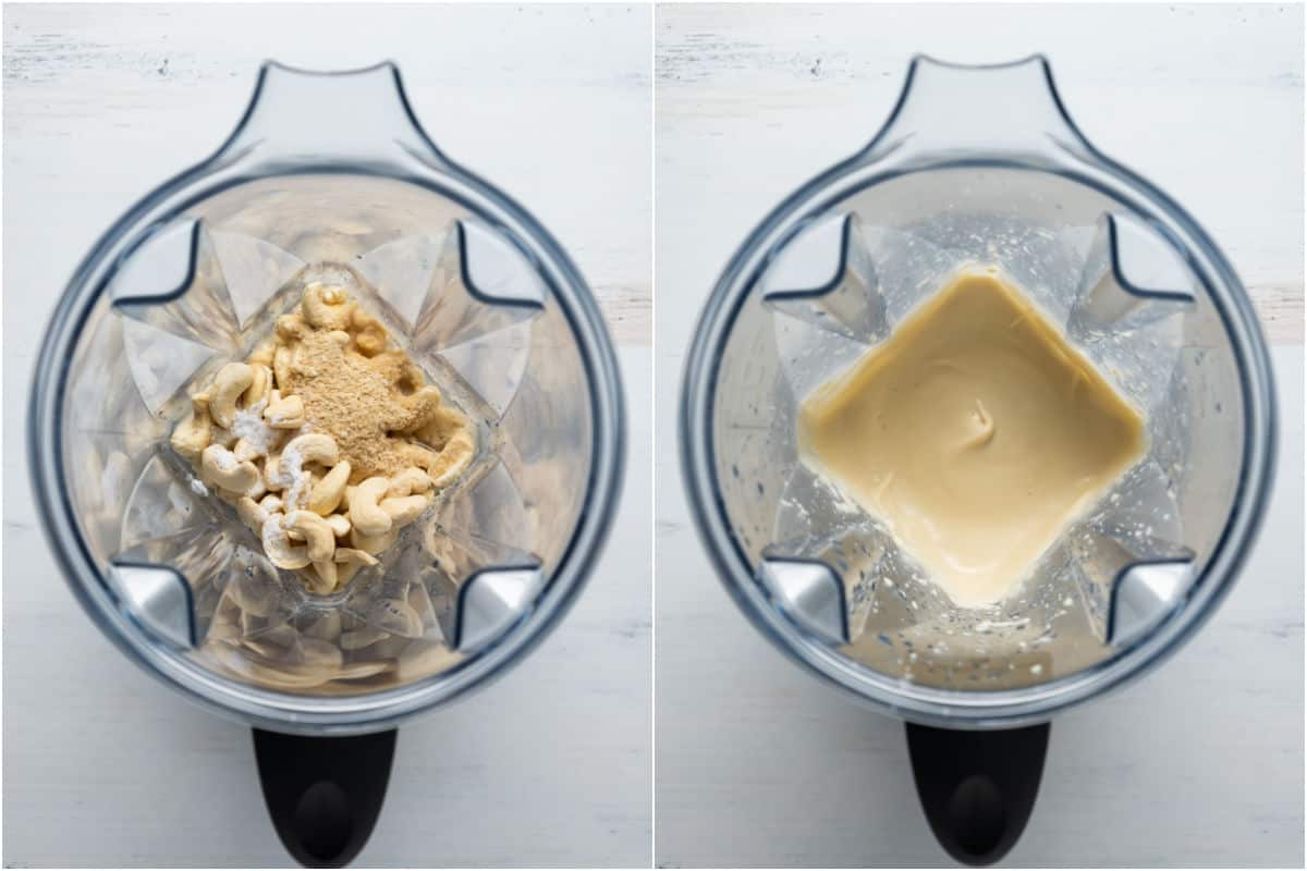Two photo collage showing ingredients added to blender jug and blended.