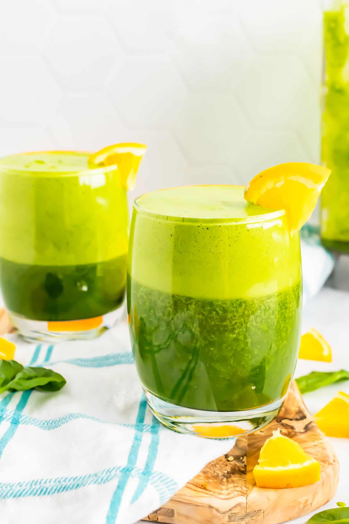 Blended green juice in glasses. 