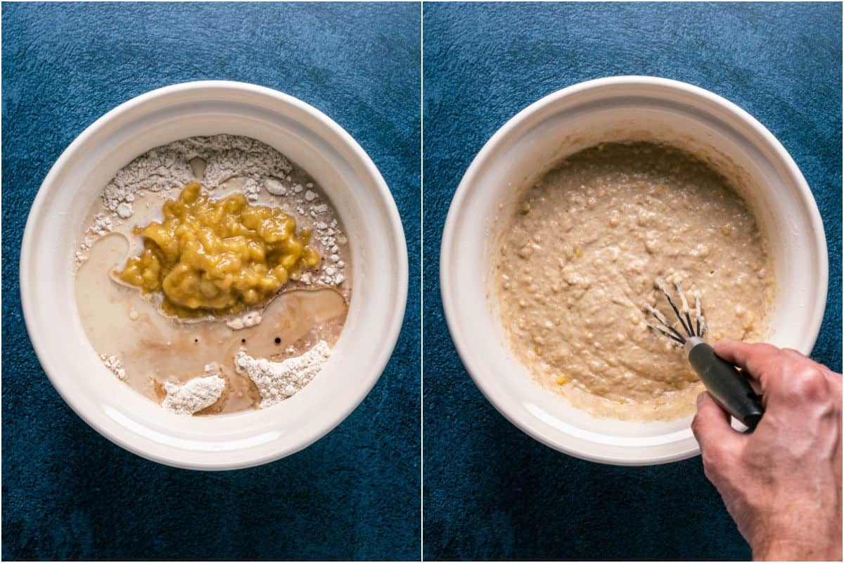 Two photo collage showing wet ingredients added to mixing bowl and mixed into a waffle batter.