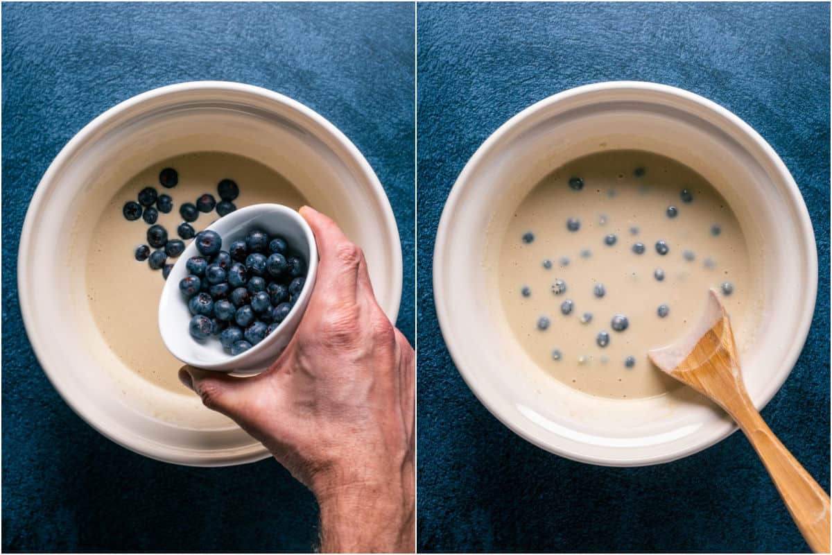 Two photo collage showing fresh blueberries added to mixing bowl and mixed in.