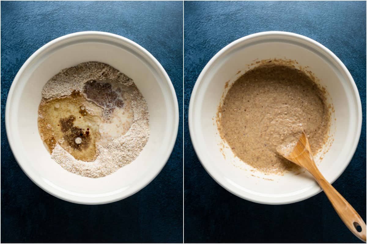Two photo collage showing wet ingredients added to mixing bowl and mixed into a batter.