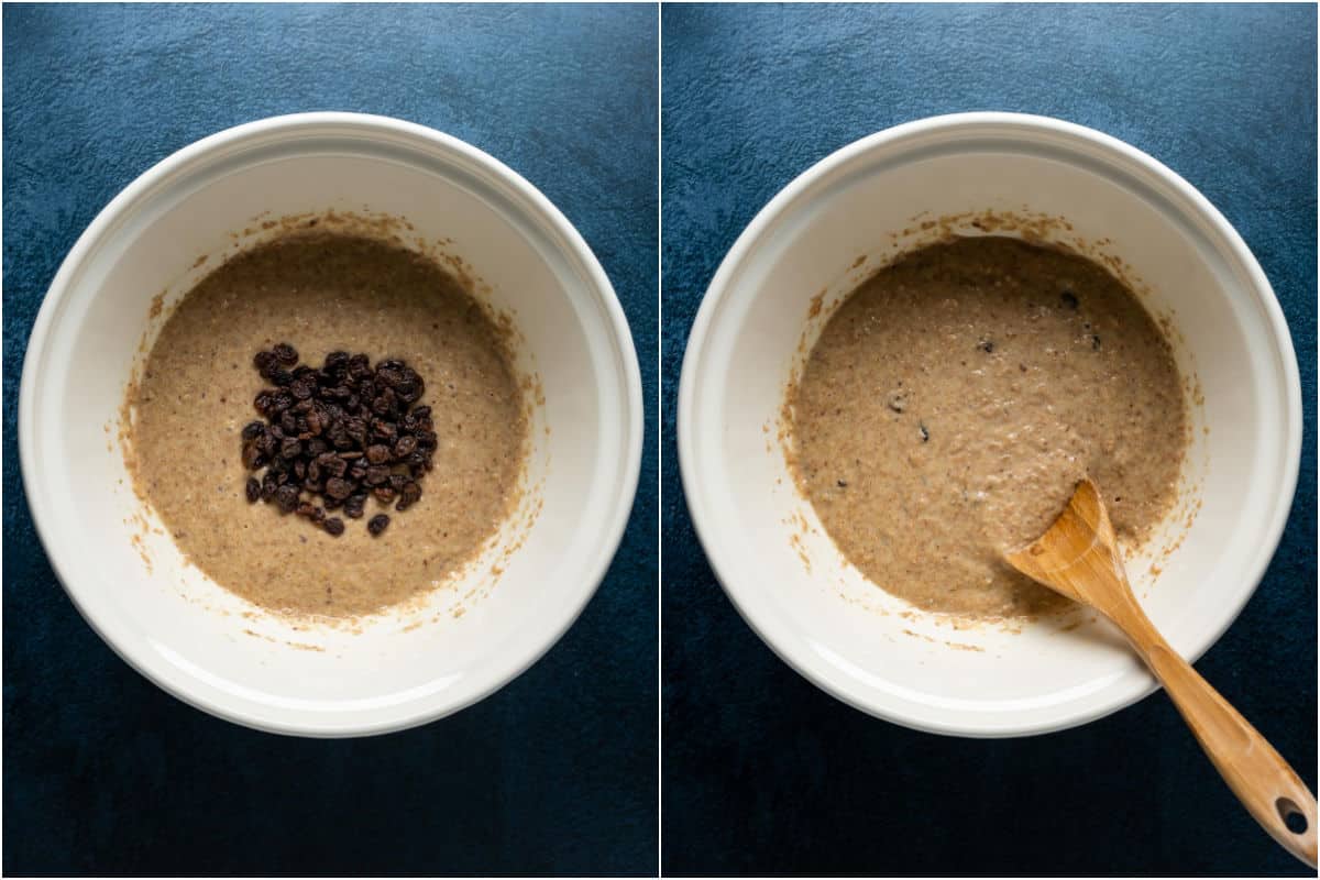 Two photo collage showing raisins added to batter and mixed in.