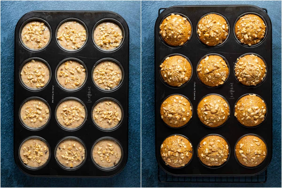 Two photo collage showing muffins in a muffin tray before and after baking.