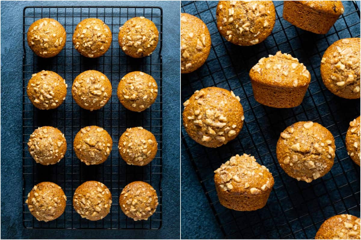 Two photo collage showing muffins on a wire cooling rack and then close up.