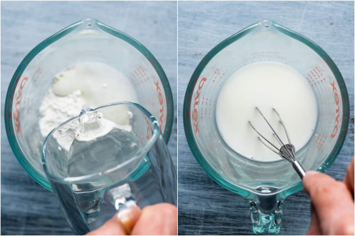 Two photo collage showing cornstarch and water added to measuring jug and whisked together.