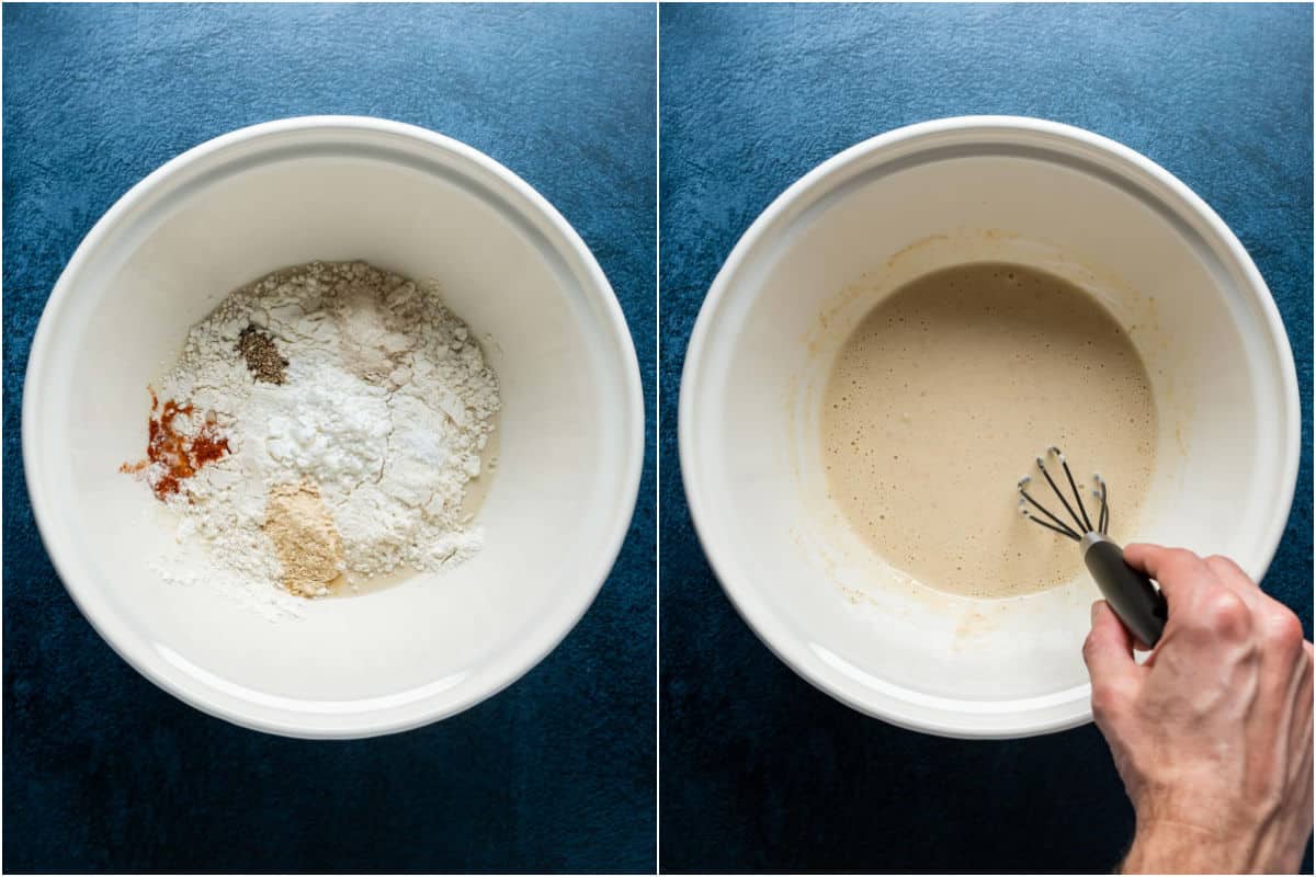 Collage of two photos showing ingredients for batter added to mixing bowl and whisked together.
