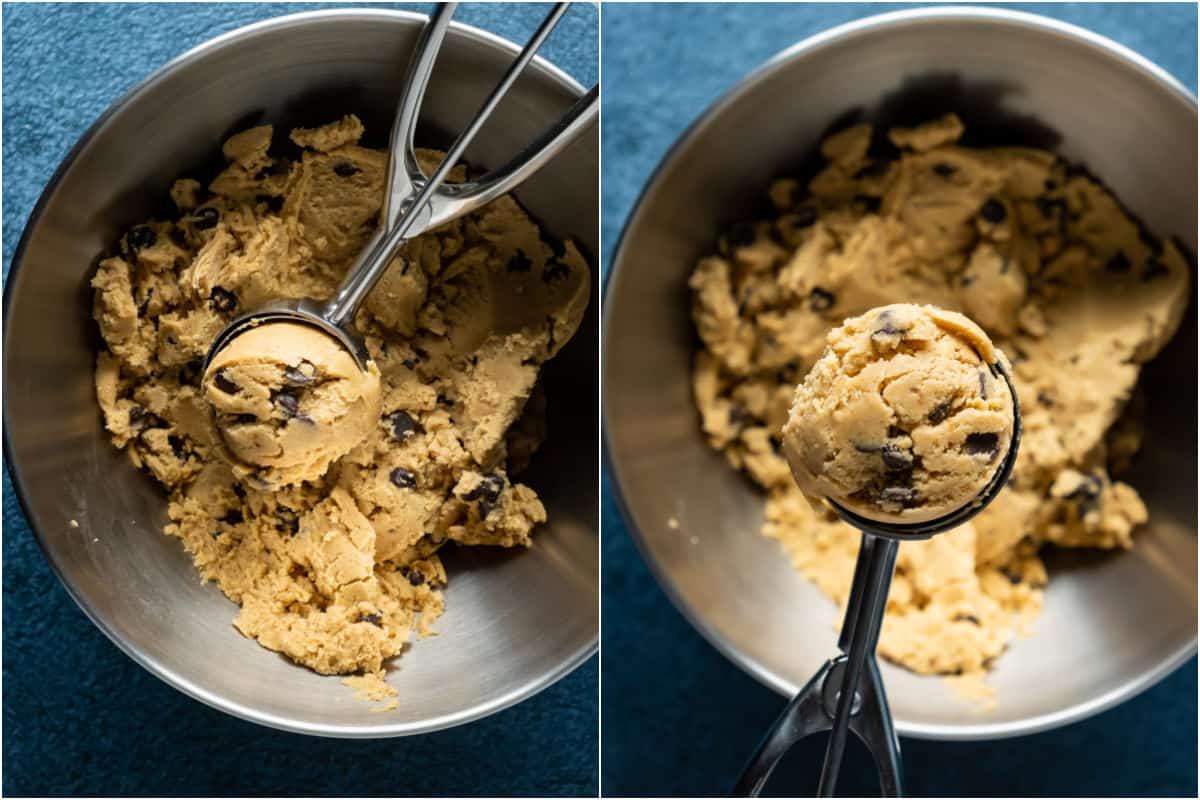Two photo collage showing cookie dough being scooped with an ice cream scoop.