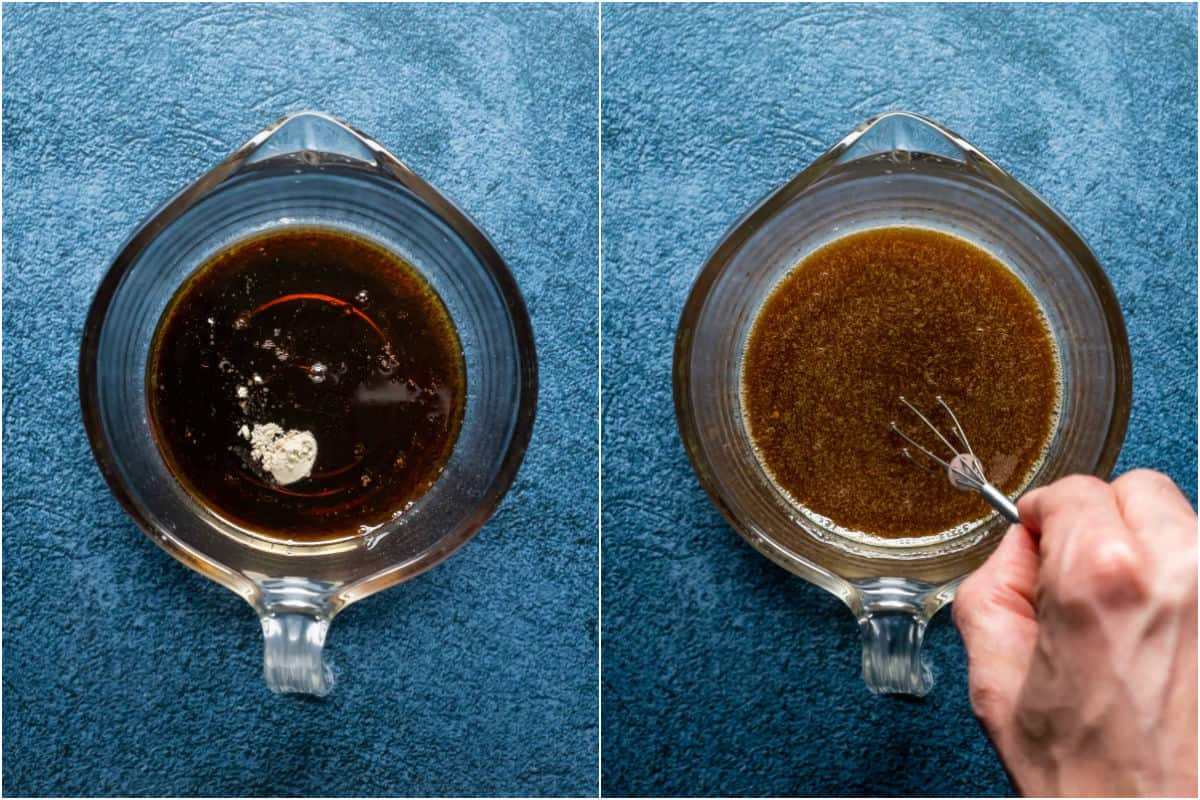 Two photo collage showing ingredients for dipping sauce added to measuring jug and whisked together.